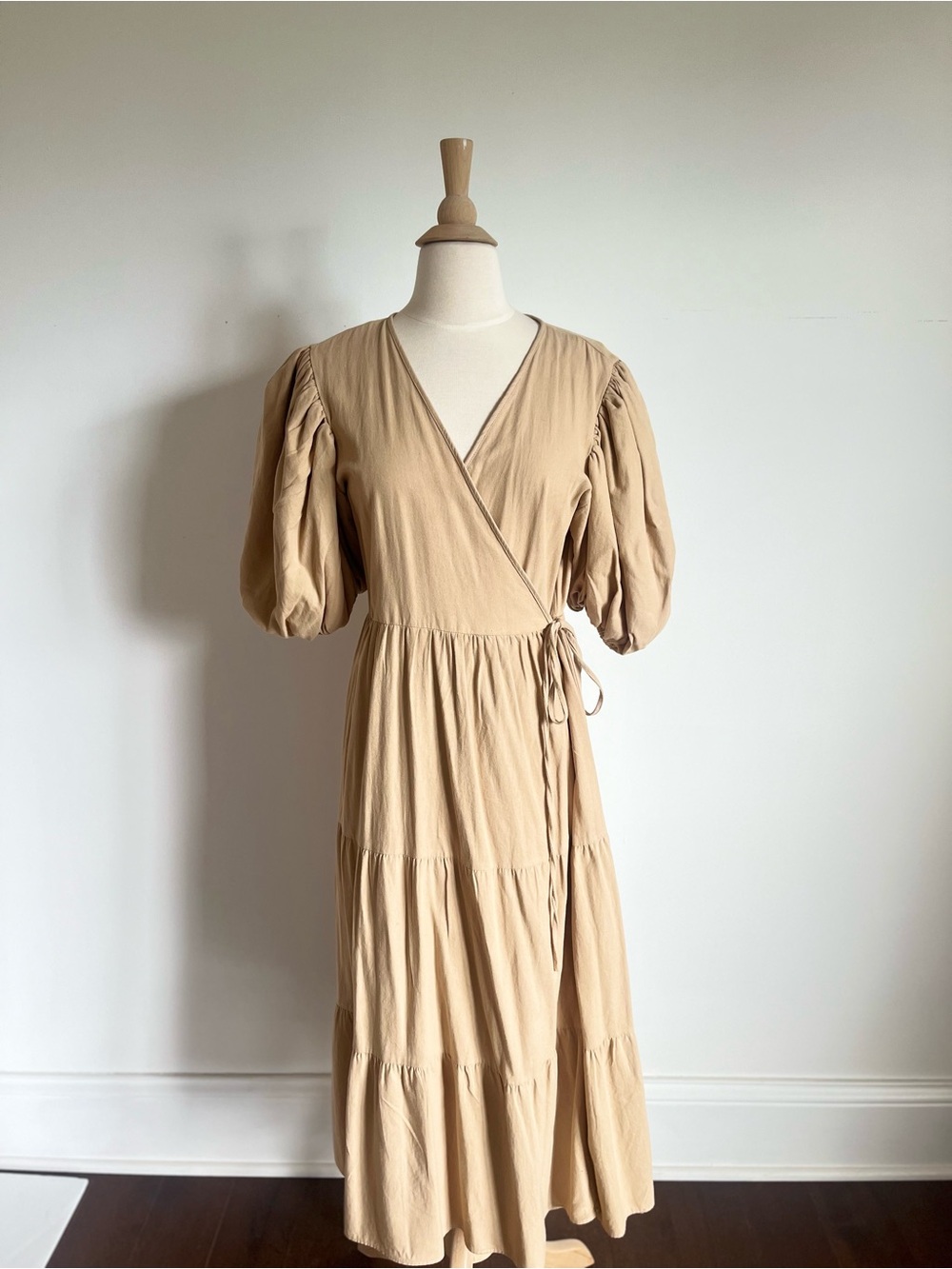 Beige Puff-Sleeve Wrap Maxi Dress size 10
